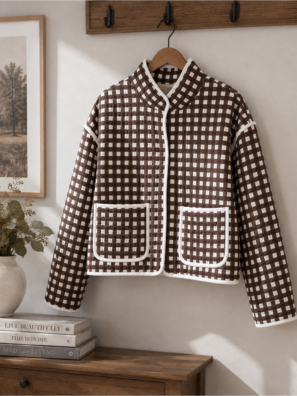 Brown Gingham Quilted Jacket Large Checkered Cottagecore Barn Chore Coat